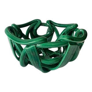 1980s Postmodern Green Ceramic Braided Woven Abstract Centerpiece Bowl For Sale