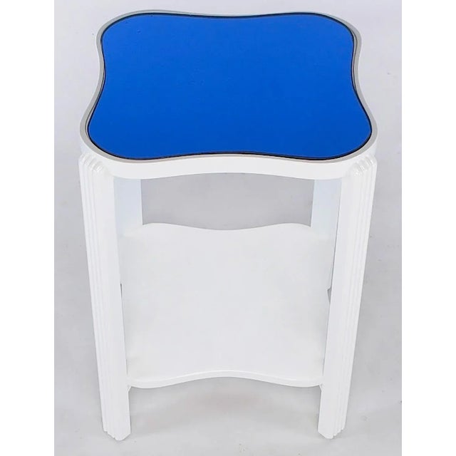Art Deco Two-Tier White Lacquer and Blue Mirror Side Table For Sale - Image 4 of 7