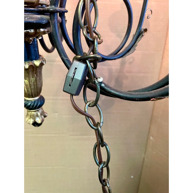 Mid 20th Century Neoclassic Arrow Italian Hand Carved Black Gold Painted Wood 6 Light Chandelier For Sale - Image 9 of 12