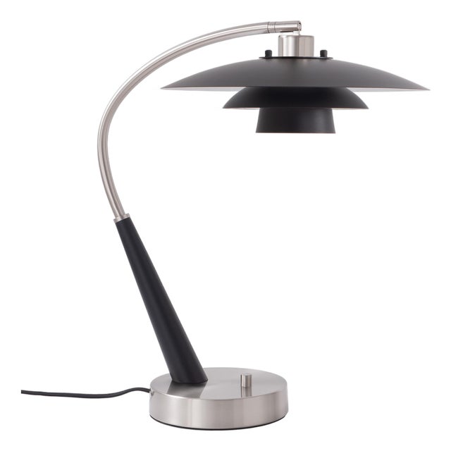 Rancho Mirage Boomerang Table Lamp - Modern Black Oak/Satin Nickel, Fleur Matte Black/Silver Shade For Sale