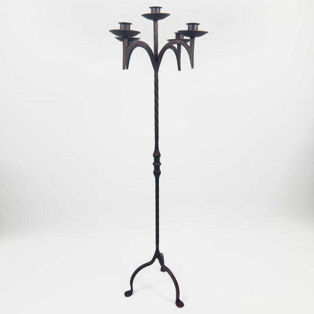 Black Hand Forged Iron Floor Candelabra 49″ (124cm) Antique Copper Patina 5-Arm Classic Candle Holder Gothic Church Decor For Sale - Image 8 of 8