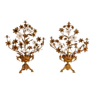 Antique French Candelabra Gold Bronze Brass Church Candelabra Opaline Glass Flowers For Sale