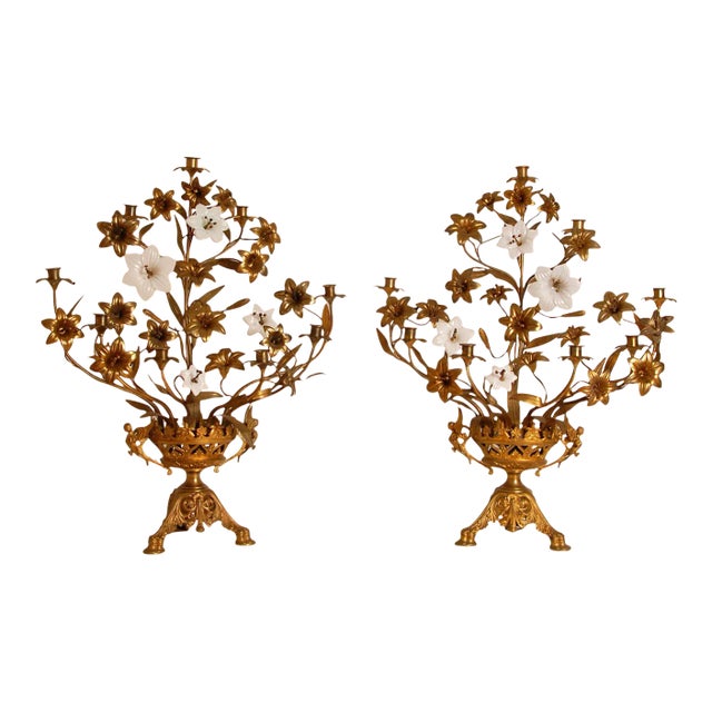 Antique French Candelabra Gold Bronze Brass Church Candelabra Opaline Glass Flowers For Sale
