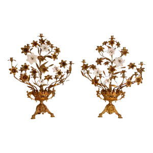 Antique French Candelabra Gold Bronze Brass Church Candelabra Opaline Glass Flowers a Pair Tariff Free Delivery