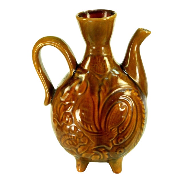 Mid-Century Water Jug Red Ware Earthenware Majolica Rooster Studio Pottery Ewer For Sale