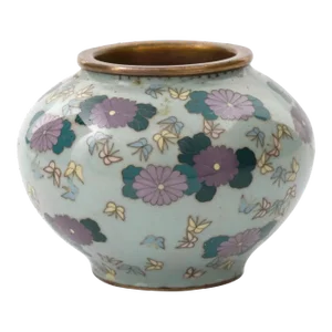 Antique Miniature Japanese Cloisonne Enamel Celadon Color Vase With Butterflies