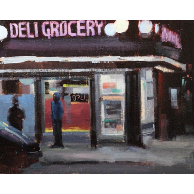 This oil painting captures a nighttime scene outside a deli grocery, illuminated by the bright neon lights that contrast...