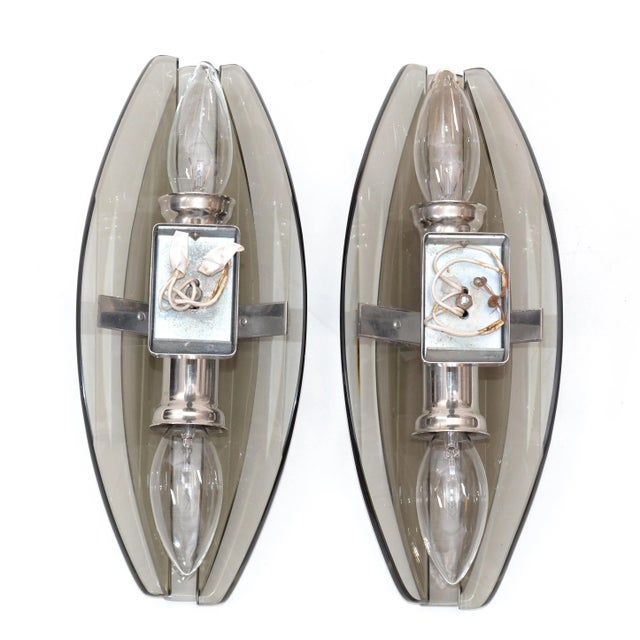 Fontana Arte Style Smoked Beveled Glass 2-Light Wall Sconce Italy 1960, Pair For Sale - Image 11 of 13