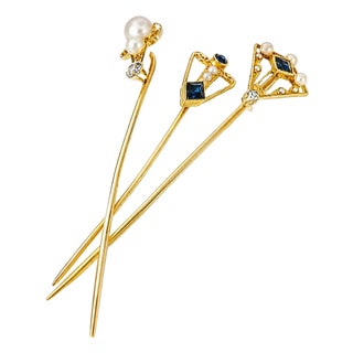 14K Yellow & White Gold Victorian Sapphire Diamond Seed Pearl Stick Pin Set For Sale