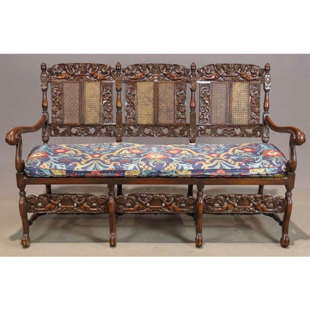 20th Century Jacobean Revival Style Carved Hardwood & Cane Three-Seat Settee For Sale - Image 4 of 12