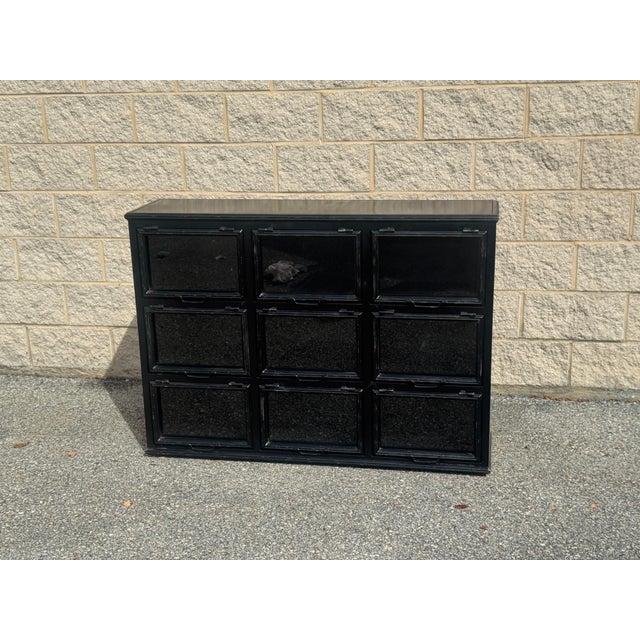 Late 20th Century Industrial Black Steel Nine-Door Glass-Front Apothecary or File Cabinet For Sale - Image 10 of 11