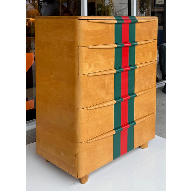 Heywood-Wakefield Mid 20th Century Heywood Wakefield Tall Maple Chest, Painted Stripes. 5 Drawer For Sale - Image 4 of 9