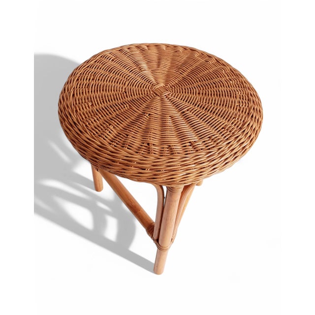 Vintage French Riviera Wicker & Bamboo Side Table France, circa 1960s. Excellent Condition. Handmade in France in the...