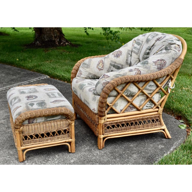 Braxton Culler Rattan Wicker Lounge Accent Chair & Ottoman Set Coastal Boho For Sale - Image 10 of 16