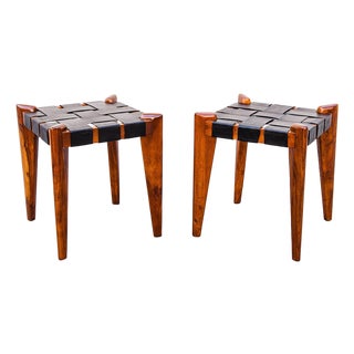 Vintage 1960s Sculptural Stools in Solid Teak & Saddle Leather Attributed to Edmond Spence For Sale