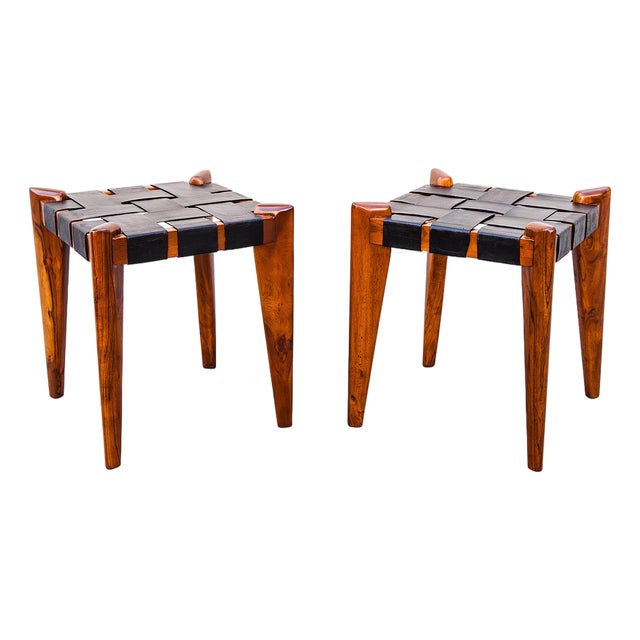 Vintage 1960s Sculptural Stools in Solid Teak & Saddle Leather Attributed to Edmond Spence For Sale