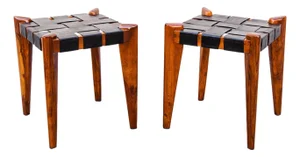Vintage 1960s Sculptural Stools in Solid Teak & Saddle Leather Attributed to Edmond Spence