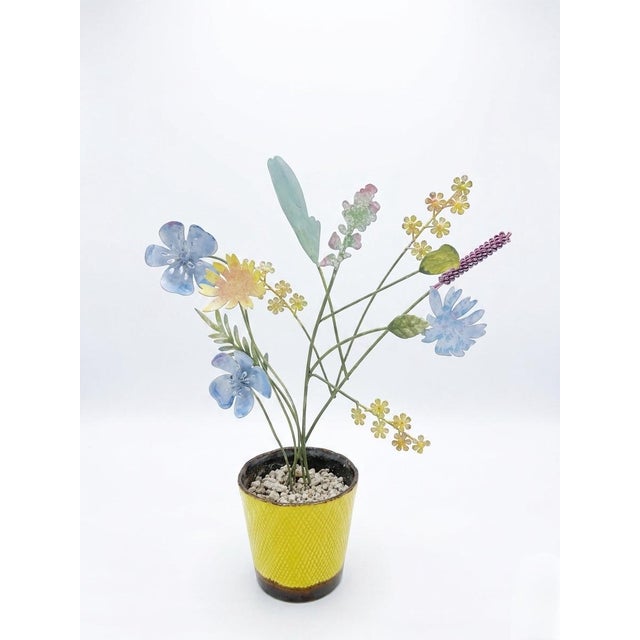 Vintage Italian Hand-Painted Toleware Wildflower Arrangement in Yellow Ceramic Pot For Sale - Image 4 of 11