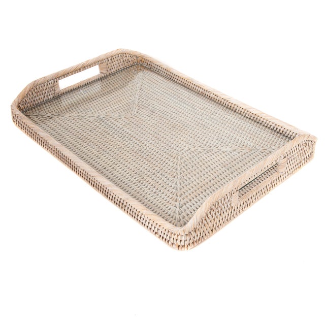 Artifacts Rattan Rectangular Tray with Glass Insert in White Wash - 17" For Sale - Image 4 of 6