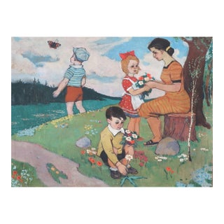 Soviet Children Oil Painting, Ukrainian Artist, 1960s Vintage Art 76-100 For Sale