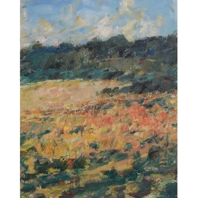 Vivid oil landscape on canvas board in maple burl wood live edge frame ready to sit on self-easel or hang. The painting is...