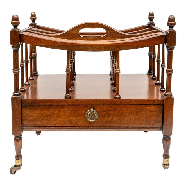 Vintage Mahogany Regency Style Single Drawer Canturbury Magazine Rack For Sale