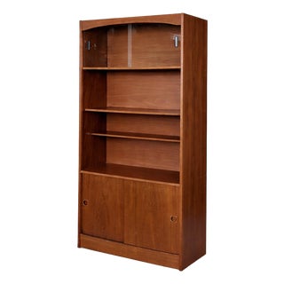 Tall Vintage Danish Teak Bookcase with Sliding Doors For Sale