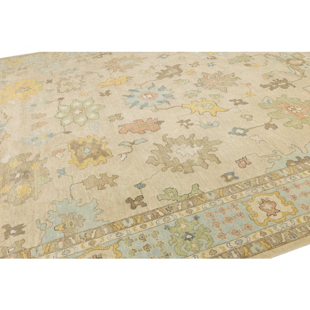 12 X 15 Designed Modern Floral Oushak Style Wool Rug Handmade in Beige For Sale - Image 9 of 10