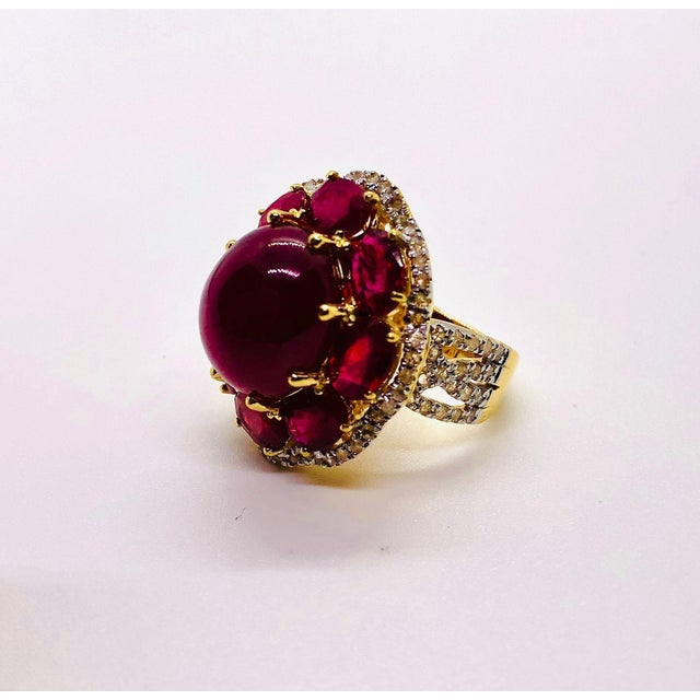 Ruby Red Bochic “Capri” Vintage Natural Ruby & Diamond Retro Ring Set In 18K Gold & Silve For Sale - Image 8 of 12