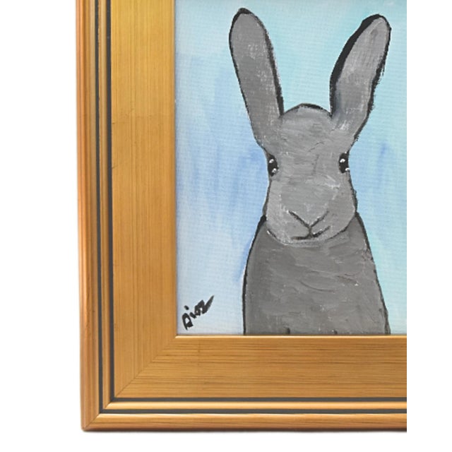 Charming folk-art bunny rabbit hare portrait study, oil on artist canvas panel. Signed by the artist "Diaz" in the lower...