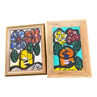 1970s Peter Keil Pair of Miniature Abstract Flower Paintings For Sale