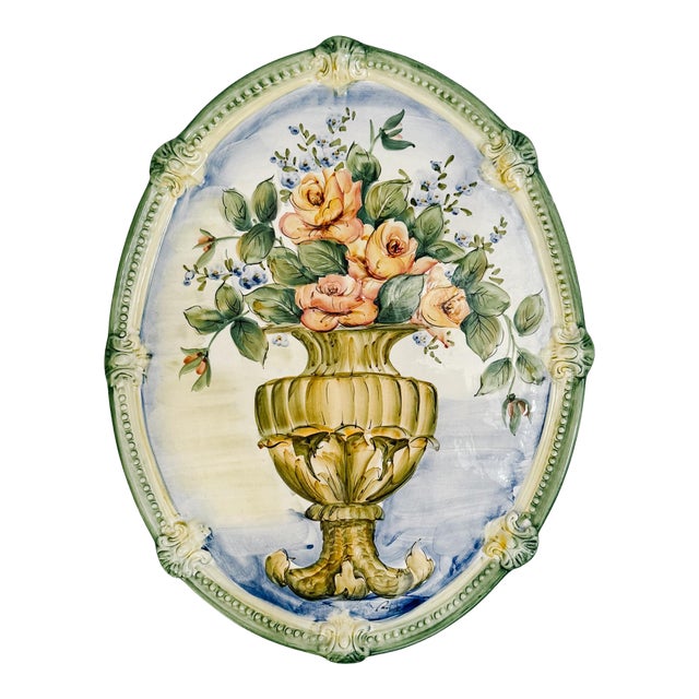 Vintage Italian Hand Painted Faience Oval Floral Wall Plaque For Sale