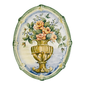 Vintage Italian Hand Painted Faience Oval Floral Wall Plaque