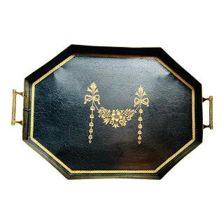 Hand Painted Black and Gold Footed Tole Tray For Sale
