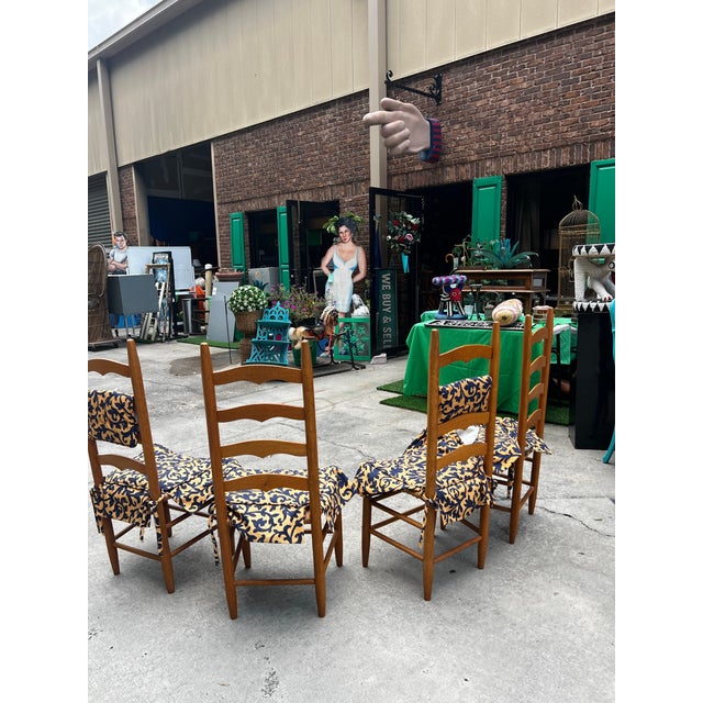 1970s Collection of Vintage Farmhouse Wooden Ladderback Chairs With Custom Cushions For Sale - Image 5 of 10