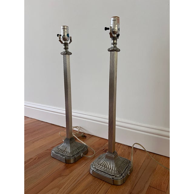English Pair of Late 20th Century Silver Square Column Table Lamps For Sale - Image 3 of 5
