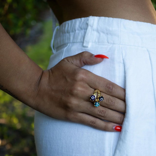 Divine Trio Evil Eye Adjustable Gold Ring, Size 4 For Sale - Image 4 of 12