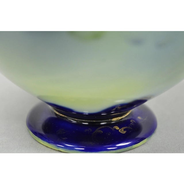 Vintage Victorian Blue Hand Painted Porcelain Floral Twin Handled Bulbous Vase For Sale In Philadelphia - Image 6 of 14