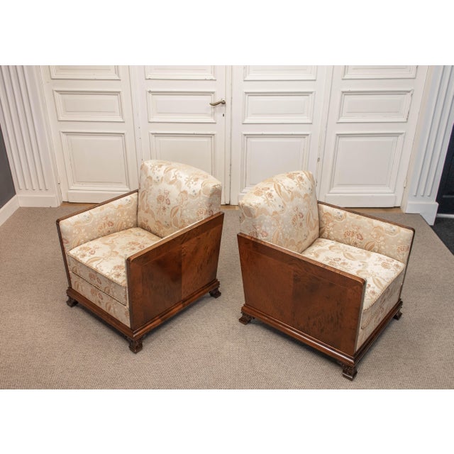 1930s Vintage Swedish Grace Club Chairs with Tiger Wooden Side Panels and Jacquard, 1930s, Set of 2 For Sale - Image 5 of 14