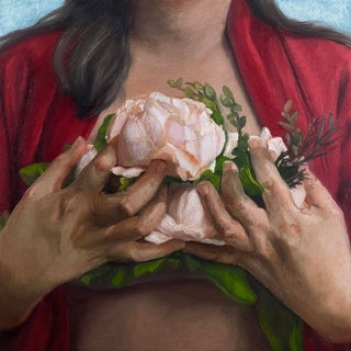 Sacred Heart by Aixa Oliveras | Oil on Artefex panel Woman holding peonies in her hands. For Sale