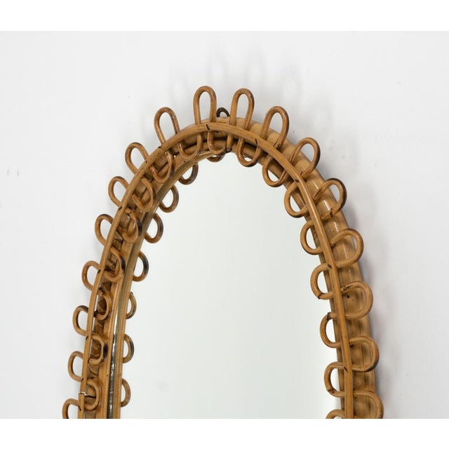 Wood Mid-Century Oval Rattan and Bamboo Wall Mirror in the style of Franco Albini, Italy, 1960s For Sale - Image 7 of 11