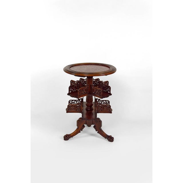 Rare pedestal table / revolving bookcase in Japanese / Chinese / Asian style, richly carved. with red marble top with...