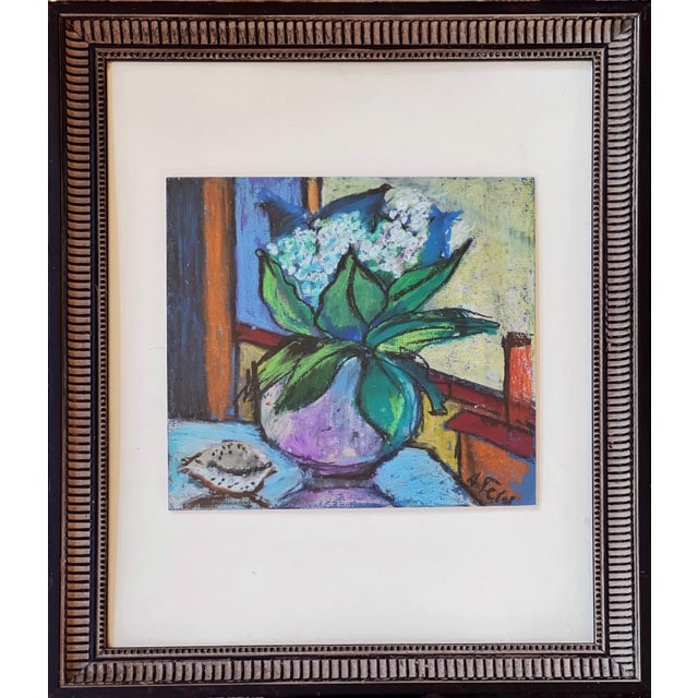 Anna Feld (Polish/American 20th Century) Abstract Still Life of Flowers in Vase. 10" x 10" Oil Pastel on Paper/Artist...