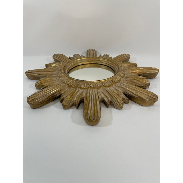 Vintage Mid Century 16.5" Creamy Giltwood Sunburst Wall Mirror For Sale - Image 4 of 18