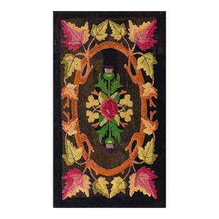 1930s Brown Floral Medallion Folk Art Antique American Hooked Rug 2'6" X 4'3" Wool Carpet For Sale