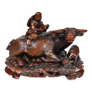 Mid-Century Red Resin Sitting Chinese Boy Reading Book on Water Buffalo Figurine