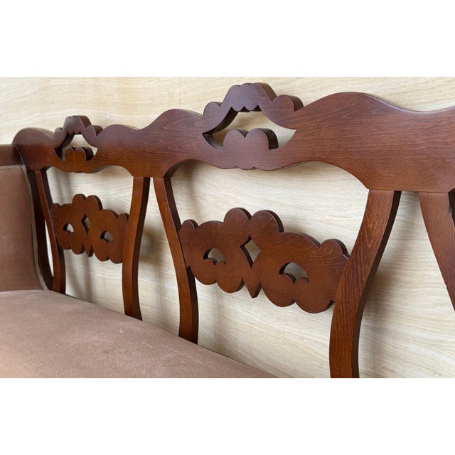 Brown 20th Century Catalan Bench in Walnut with Upholstered Seat and Arms For Sale - Image 8 of 18