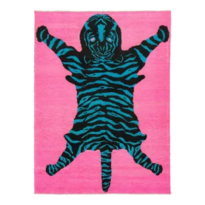 Tiger Designed Hand-Knotted Turkish Wool Rug in Pink