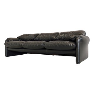 Black Leather Maralunga Sofa, 1970s For Sale
