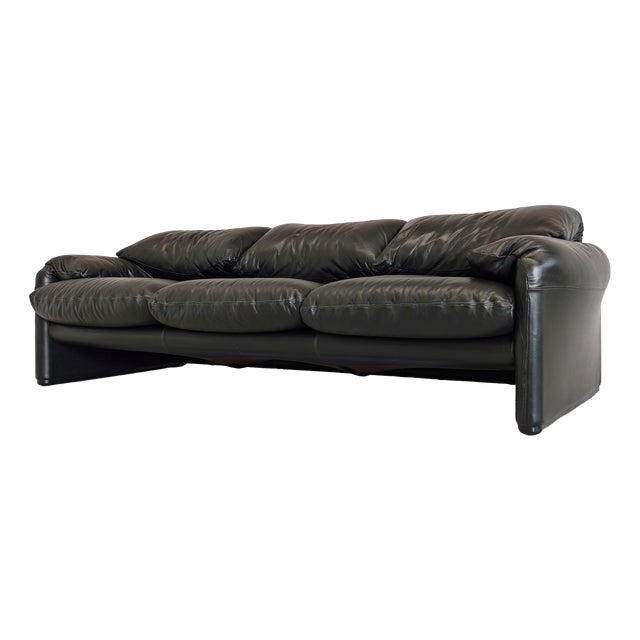 Black Leather Maralunga Sofa, 1970s For Sale